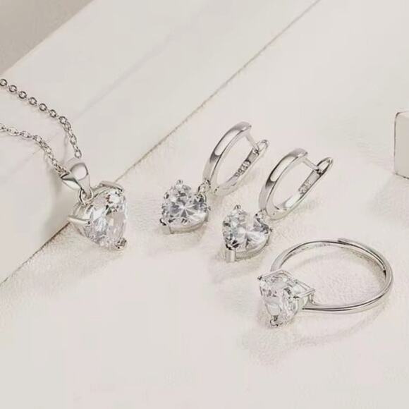 925 Sterling Silver CZ Diamond Heart Set Women's Christmas Birthday Gift NEW